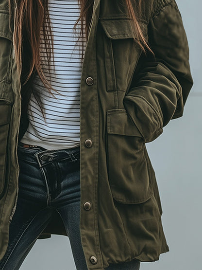 Vintage winddichte Arbeitsjacke mit Kapuze und mehreren Taschen – Für draußen & Freizeitgebrauch
