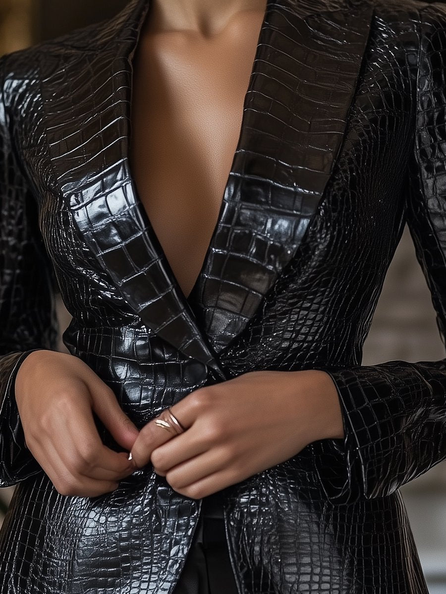 Vintage Croco-Look PU Leder Blazer für Damen