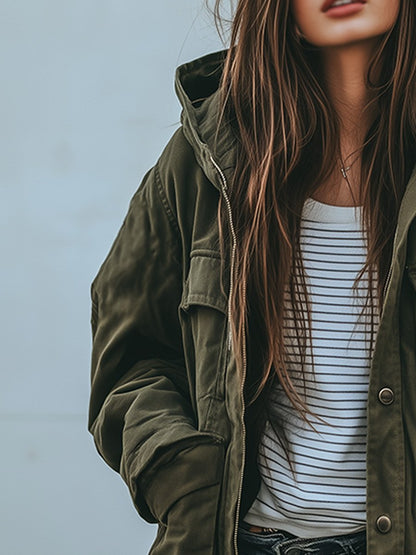 Vintage winddichte Arbeitsjacke mit Kapuze und mehreren Taschen – Für draußen & Freizeitgebrauch