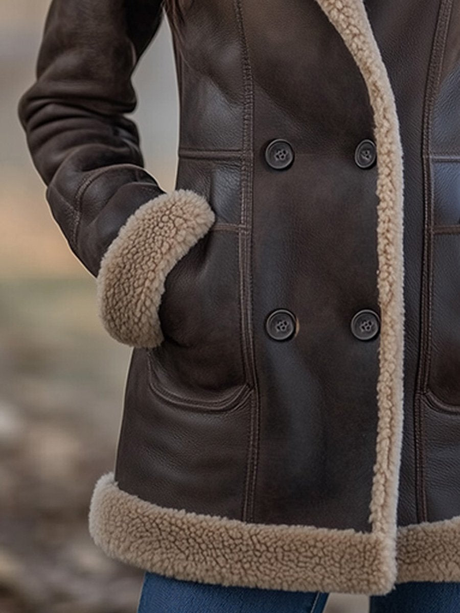 Vintage Warme Shearling Jas met Lapel en Zakken – Gemaakt van Lamswol en Schapenvacht