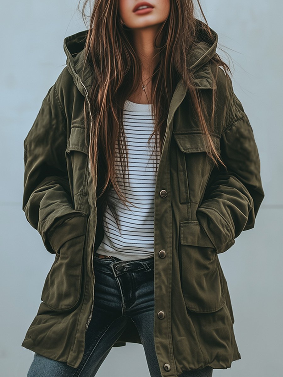 Vintage winddichte Arbeitsjacke mit Kapuze und mehreren Taschen – Für draußen & Freizeitgebrauch