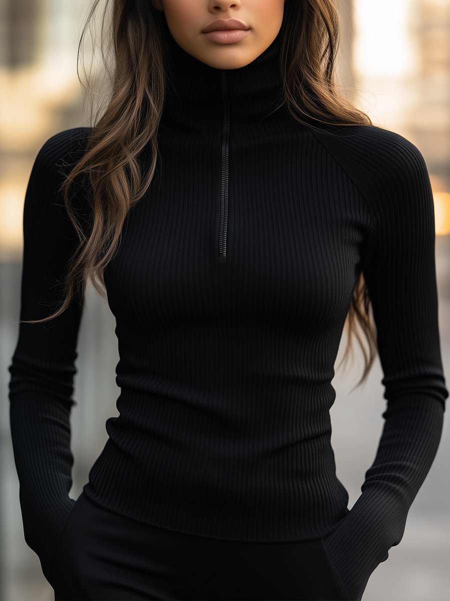 Schwarzer Gerippter Rollkragenpullover mit Reißverschlussdetail – Elegant & Bequem