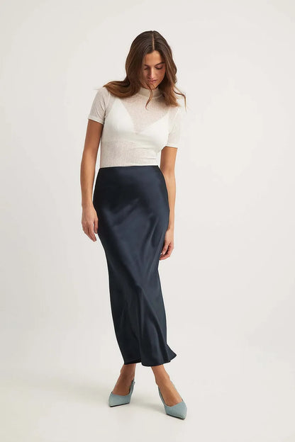 Satijnen Midi Rok met Hoge Taille – Glanzende Elegante Damesrok