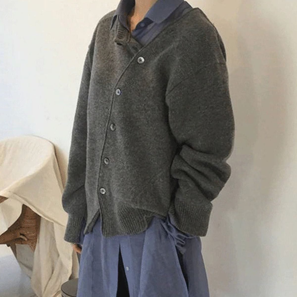 Damen Asymmetrisch Gestrickte Weste mit Knöpfen