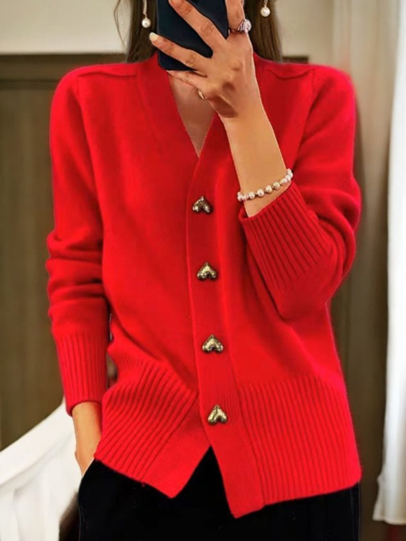 Damen Strickjacke mit Knöpfen – Einfarbige Farbe – Ideal für Herbst und Winter