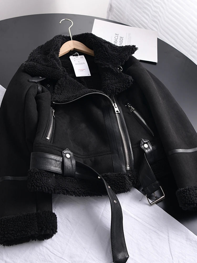 Dames Leren Jas met Shearling Voering – Asymmetrische Rits – Ceintuur – Wintermode