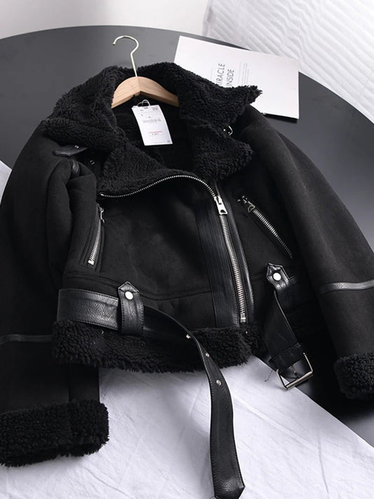 Dames Leren Jas met Shearling Voering – Asymmetrische Rits – Ceintuur – Wintermode